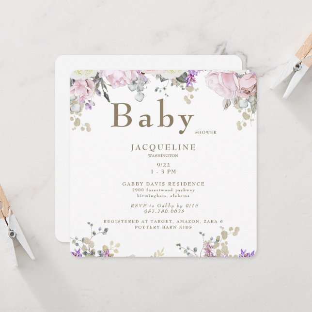 Inbjudan till rosa ros för babyskor (Fram/Back In Situ)