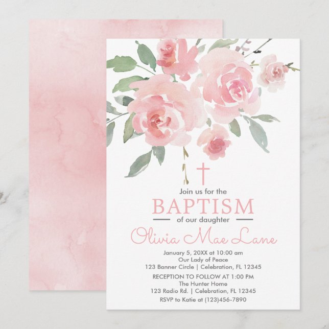 Inbjudan till Rosa ros Garden Girl Baptism (Fram/baksida)