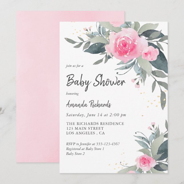 Inbjudan till rosa ros Greenery Girl Baby Shower (Fram/baksida)