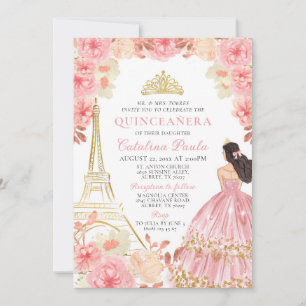 Inbjudan till rosa ros Guld Tiara Paris Quinceañer