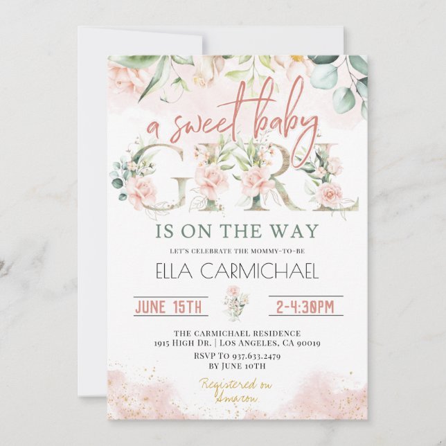 Inbjudan till rosa ros Sweet Flicka Baby Shower (Framsida)