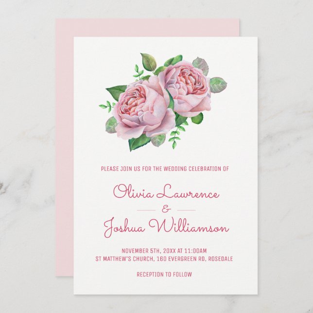 Inbjudan till rosa ros Watercolor Wedding (Fram/baksida)