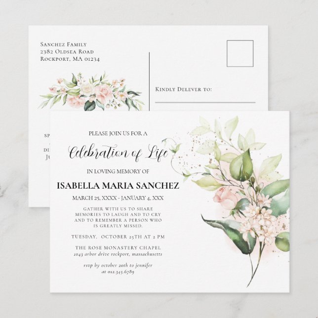 Inbjudan till Rosa Rosor Blommig Firande Av Livet  (Fram/baksida)