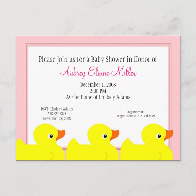 Inbjudan till rosa Rubber Ducky Shower Vykort (Framsida)