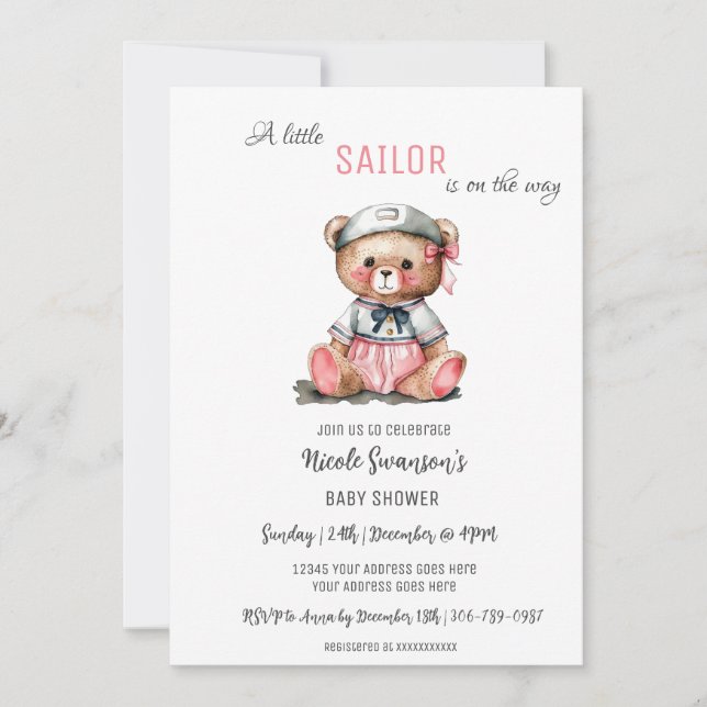 Inbjudan till rosa Sailor Nautical Bear Baby Showe (Framsida)