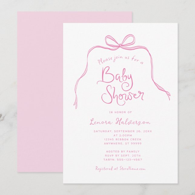 Inbjudan till rosa Simple Bow Baby Shower (Fram/baksida)