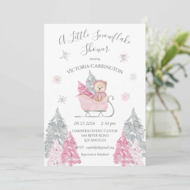 Inbjudan till rosa Snöflake Bear Baby Shower (Stående Fram)