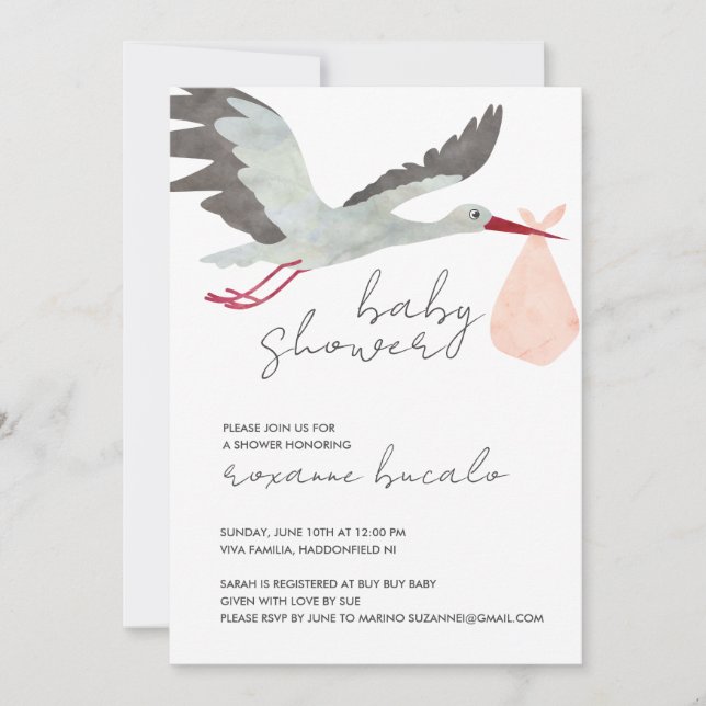 Inbjudan till rosa Stork Baby Shower (Framsida)