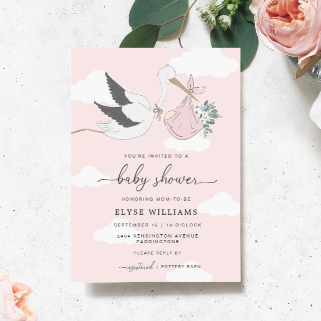 Inbjudan till rosa Stork Baby Shower (Pink Stork Baby Shower Invitation )