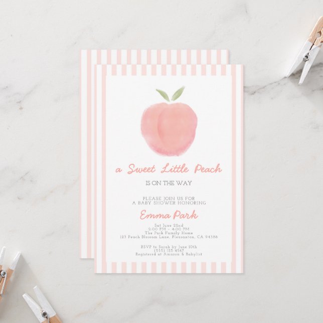 Inbjudan till rosa Sweet Little Peach Baby Shower (Fram/Back In Situ)