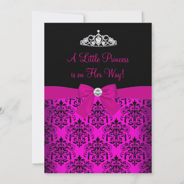 Inbjudan till rosa Tiara & Damask Baby Shower (Framsida)