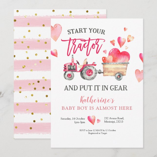 Inbjudan till rosa Tractor Girl Baby Shower (Fram/baksida)