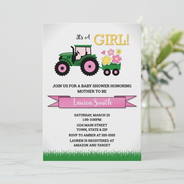 Inbjudan till Rosa Tractor Girl Baby Shower (Stående Fram)