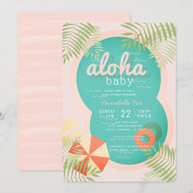 Inbjudan till rosa Tropical Bassäng Aloha Baby Sho (Fram/baksida)