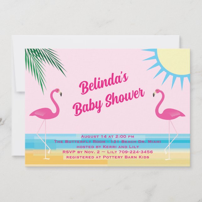 Inbjudan till rosa Tropical Beach Baby Shower (Framsida)