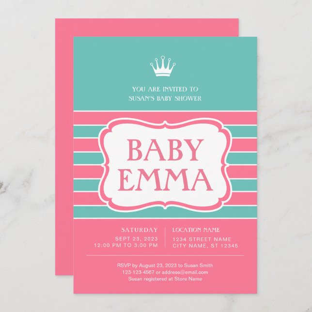 Inbjudan till rosa Turcos Rand Baby Shower (Fram/baksida)