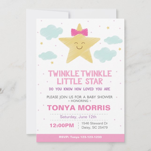 Inbjudan till rosa Twinkle Little Star Baby Shower (Framsida)