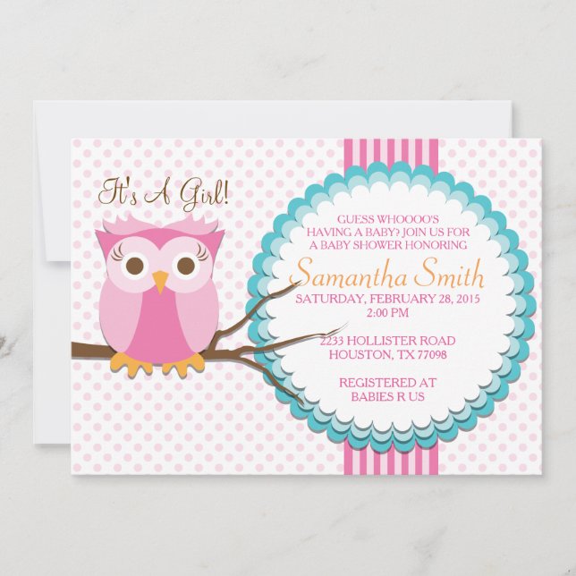 Inbjudan till rosa Uggla Baby Shower (Framsida)