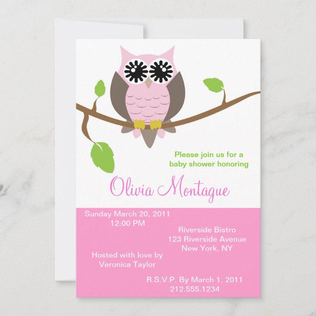 Inbjudan till Rosa Uggla Baby Shower (Framsida)