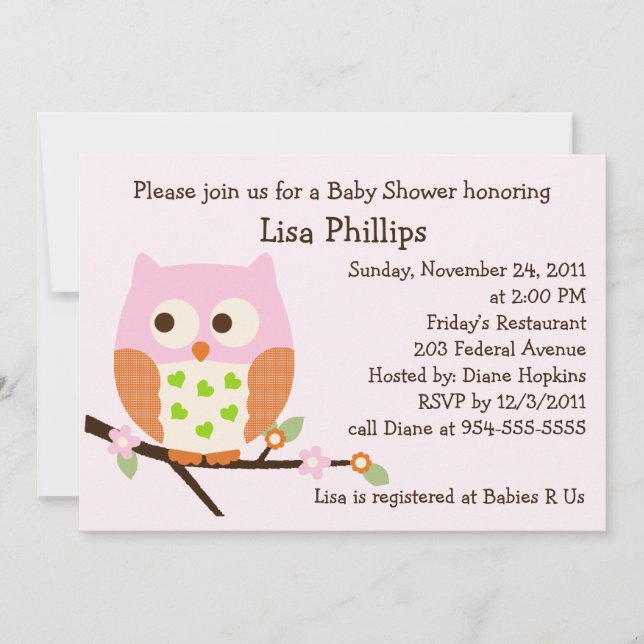 Inbjudan till rosa Uggla Baby Shower (Framsida)