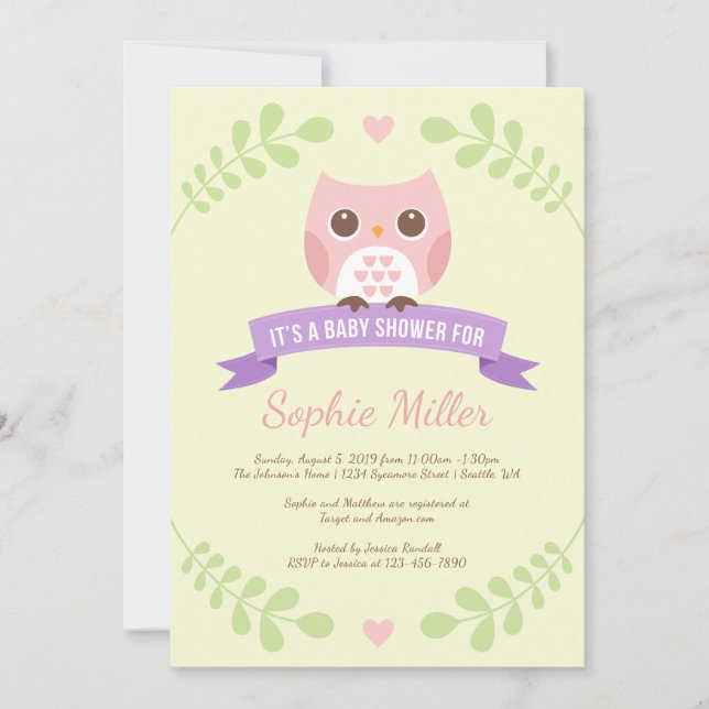 Inbjudan till rosa Uggla Baby Shower (Framsida)