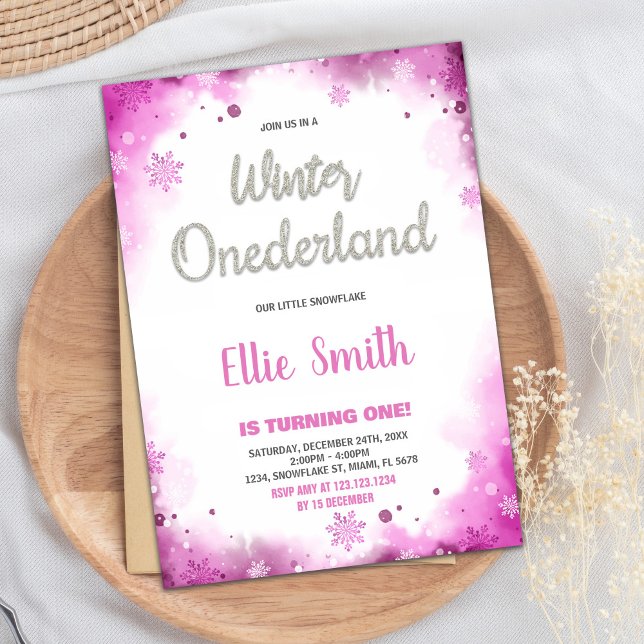 Inbjudan till Rosa under vintern på land 1:a födel (winter onederland 1st birthday invitations Pink)