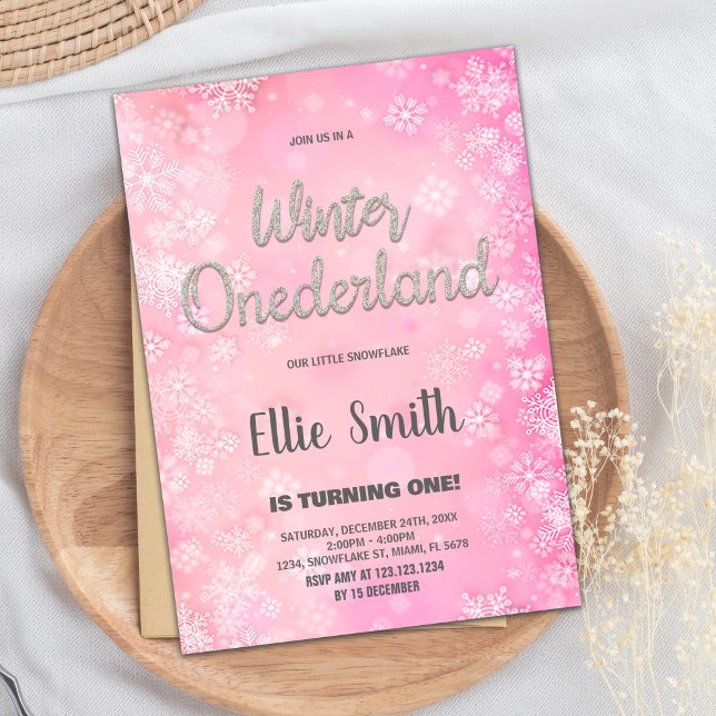 Inbjudan till Rosa under vintern på land 1:a födel (winter onederland 1st birthday invitations Pink)