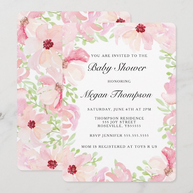 Inbjudan till rosa Vattenfärgsblomma Blommor, baby (Fram/baksida)
