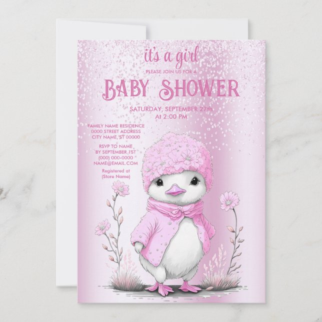Inbjudan till rosa Watercolor Anka Baby Shower (Framsida)