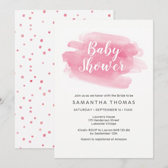 Inbjudan till rosa Watercolor Baby Shower (Fram/baksida)