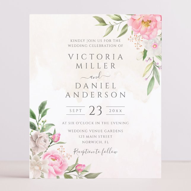 Inbjudan till rosa Watercolor Blommigt Elegant brö (Skapare uppladdad)