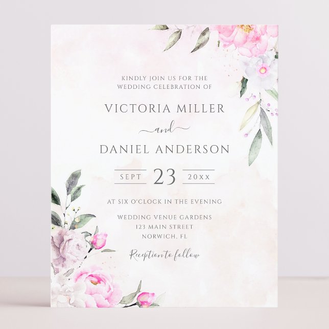 Inbjudan till rosa Watercolor Blommigt Elegant brö (Skapare uppladdad)