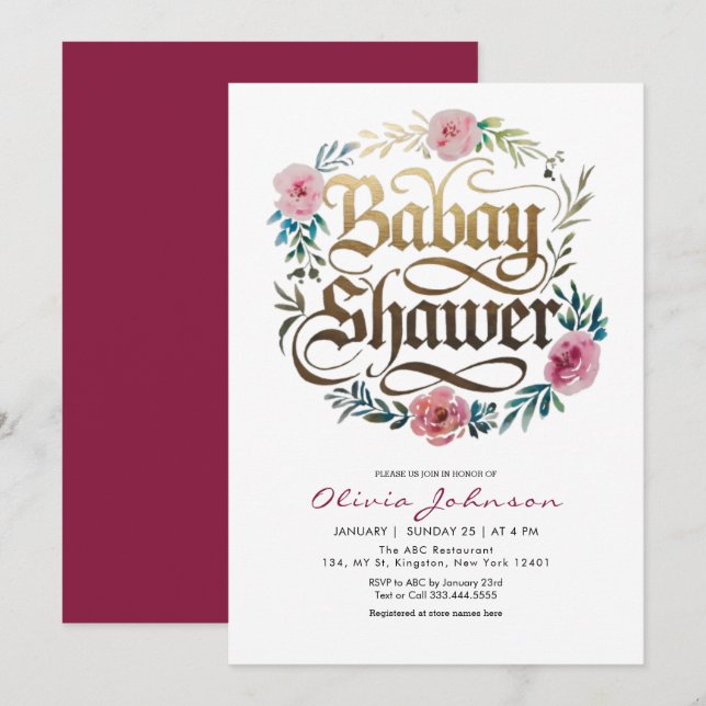 Inbjudan till rosa Watercolor Flowers Baby Shower (Fram/baksida)