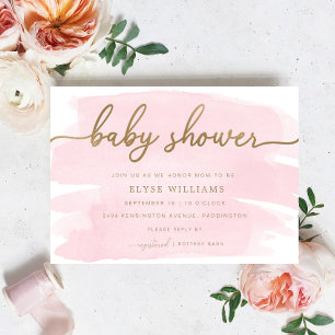 Inbjudan till rosa Watercolor Guld Baby Shower