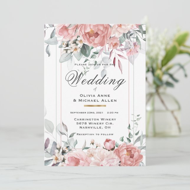 Inbjudan till rosa Watercolor Peony Wedding (Stående Fram)