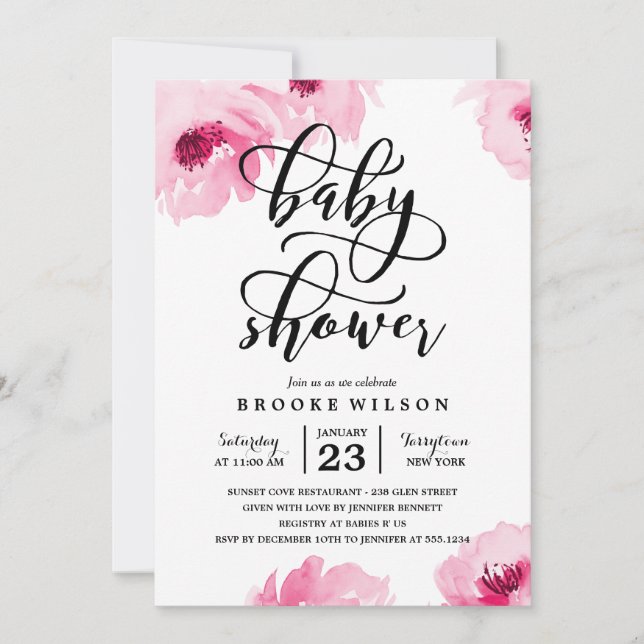 Inbjudan till rosa Watercolor Ro Baby Shower  (Framsida)