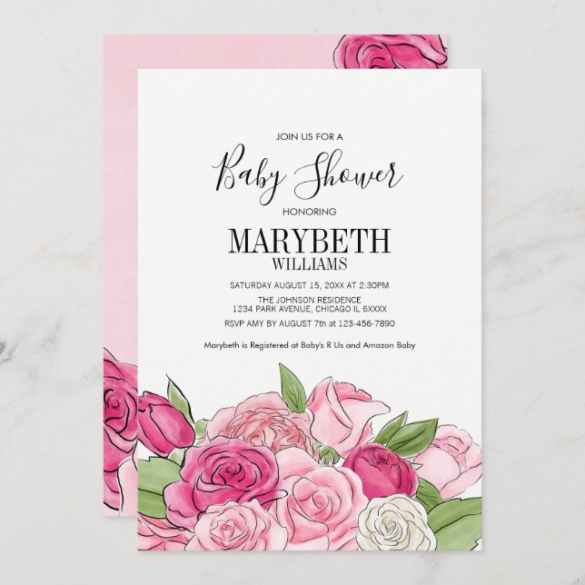 Inbjudan till rosa Watercolor Ro Baby Shower  (Fram/baksida)