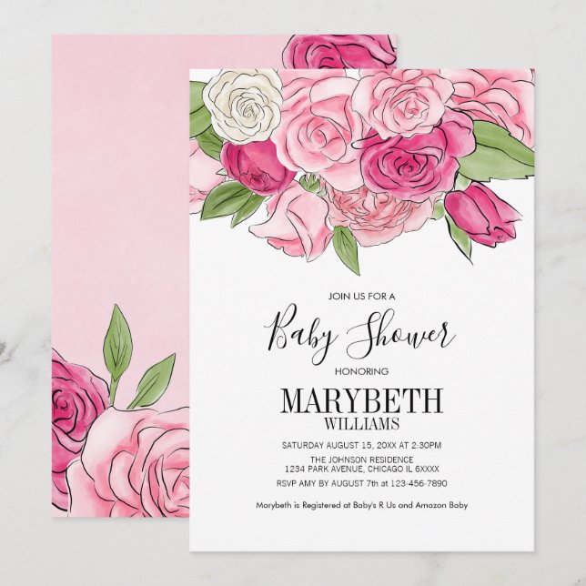 Inbjudan till rosa Watercolor Ro Baby Shower  (Fram/baksida)