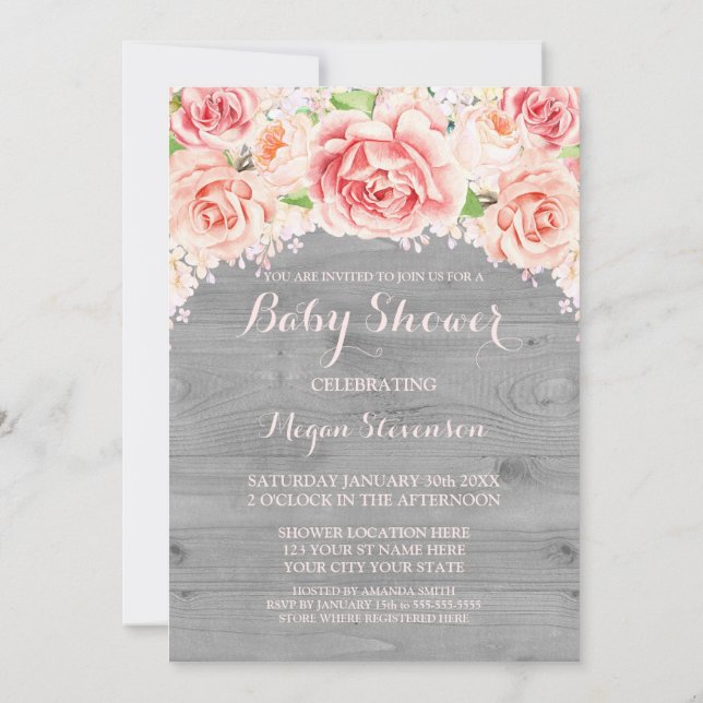 Inbjudan till rosa Watercolor Wood Baby Shower (Baksida)