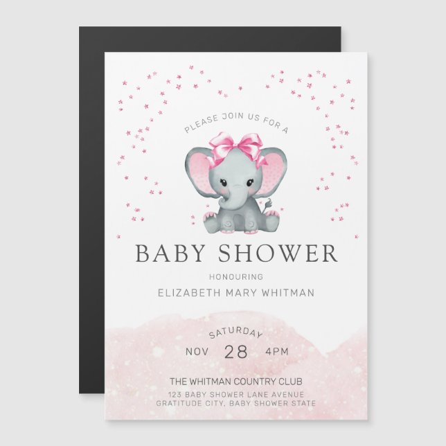 Inbjudan till Rosa White Baby Shower Magnetisk Inbjudningskort (Fram/baksida)