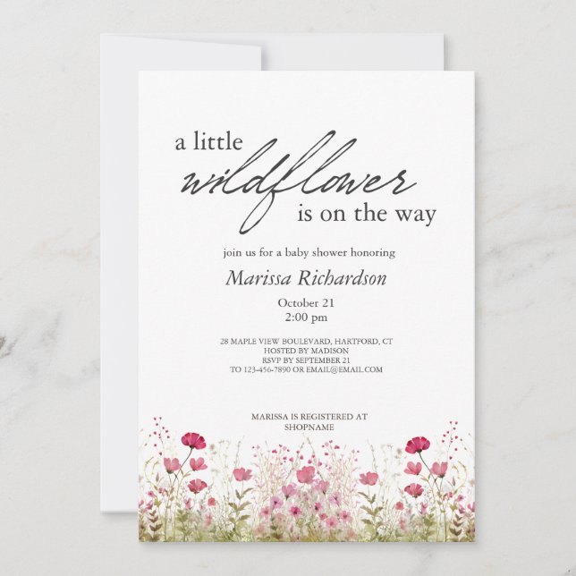 Inbjudan till rosa WildblomGirl Baby Shower (Framsida)