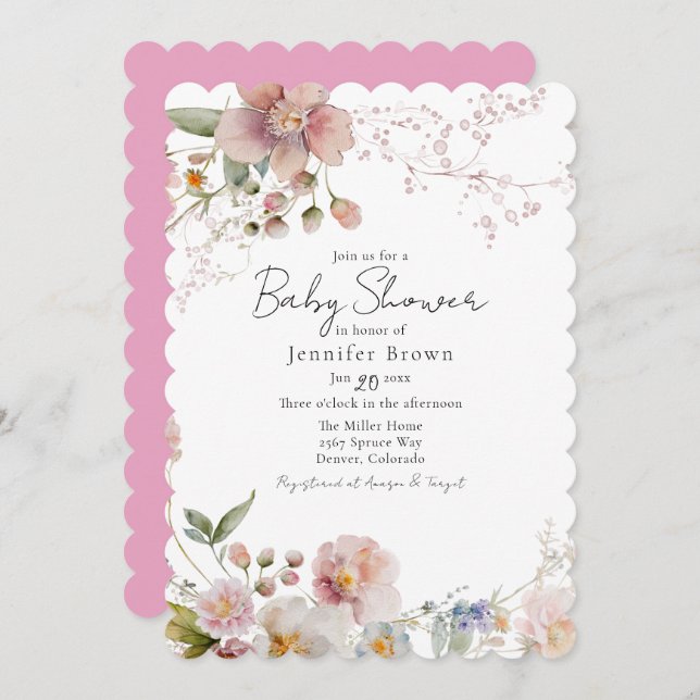Inbjudan till rosa Wildblommor Baby Shower (Fram/baksida)