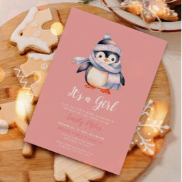 Inbjudan till rosa Winter Penguin Baby Shower