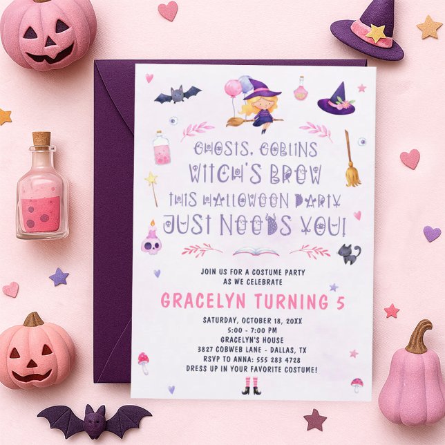 Inbjudan till rosa Witch Halloween fest (Skapare uppladdad)