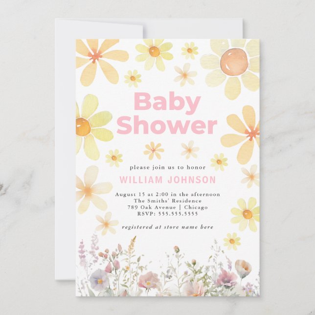 Inbjudan till Rosan Baby Shower för  med vattenfär (Framsida)