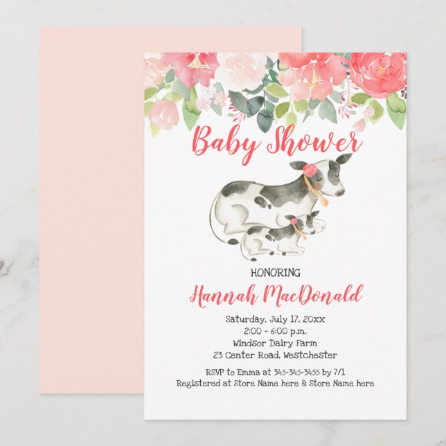 Inbjudan till Rosan Coral Baby Shower för mejeriko (Fram/baksida)