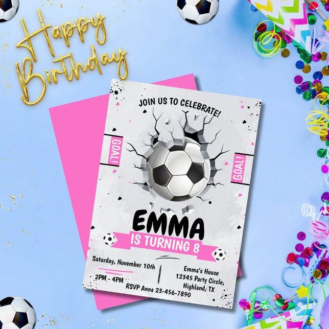Inbjudan till Rosans födelsedag (soccer girl pink birthday invitations for kids)