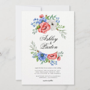 Inbjudan till rött, vitt och blått Blommigt bröllo