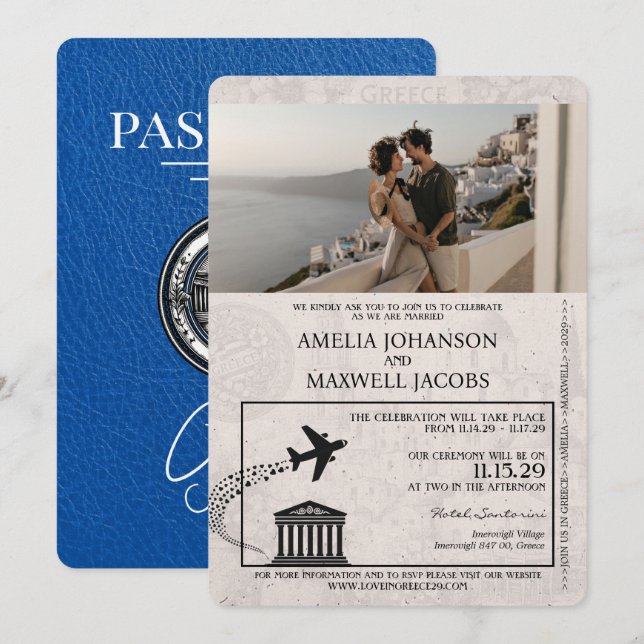 Inbjudan till royal Blue Greece Passport Wedding (Fram/baksida)