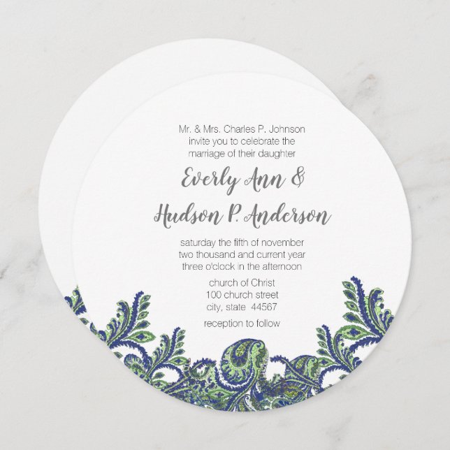 Inbjudan till Royal Blue & Grönt Paisley Peacock W (Fram/baksida)